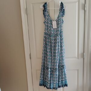 Lucky Brand Teal and White Patterned Maxi Dress